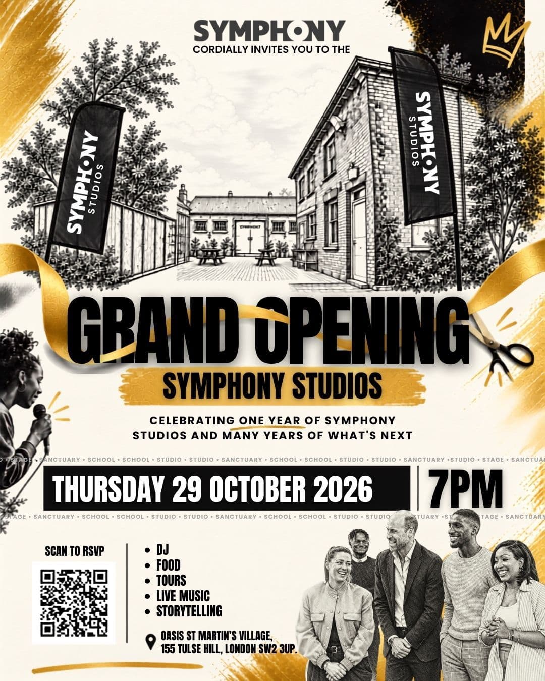Invitation to Symphony Studios Grand Opening, Thursday 29 October 2026 at 7pm, Oasis St Martin’s Village, 155 Tulse Hill, London SW2 3UP. DJ, food, tours, live music and storytelling.